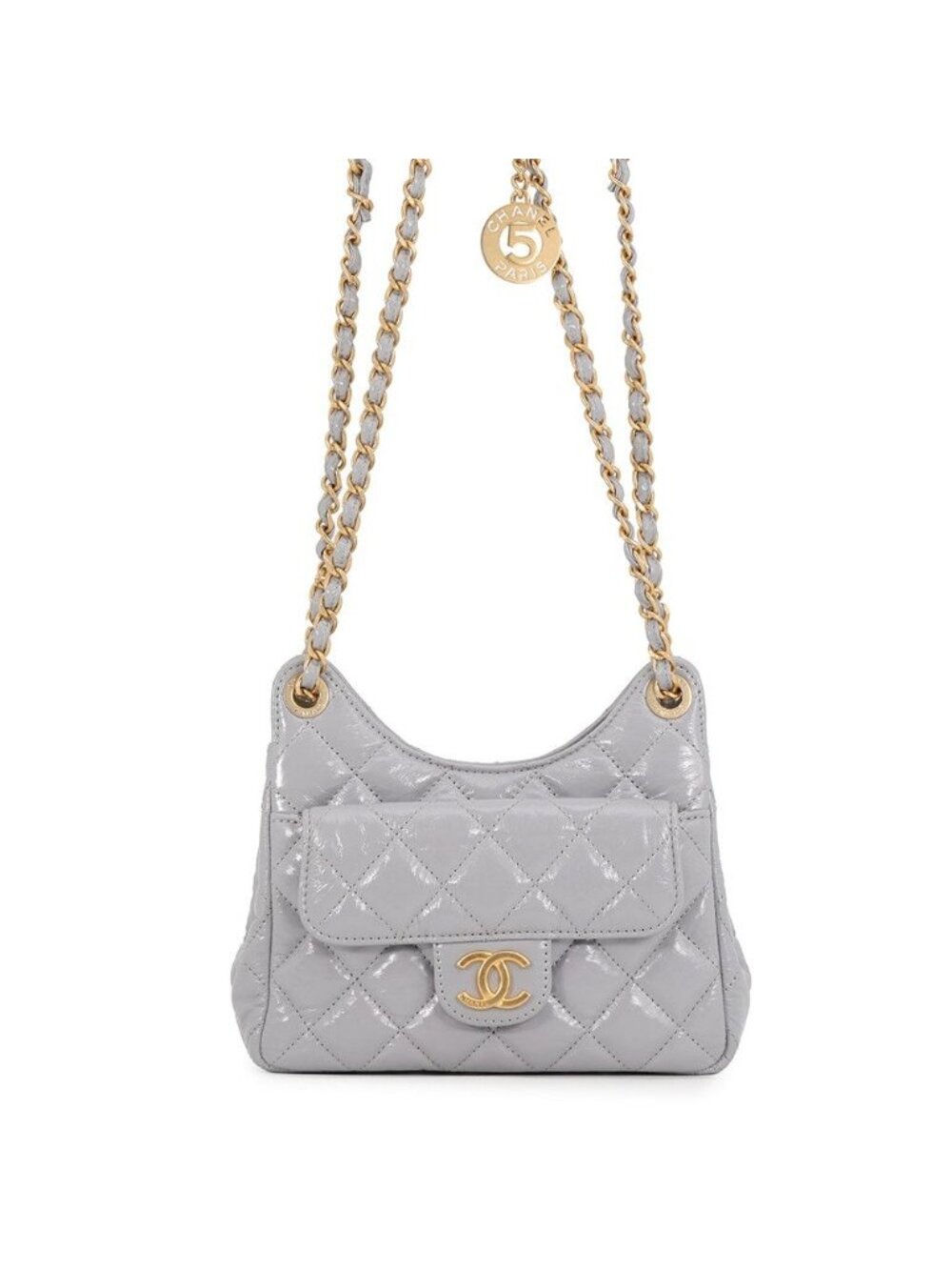 Chanel Chain Shoulder Bag Quilted CC Logo Hobo Shiny Calfskin